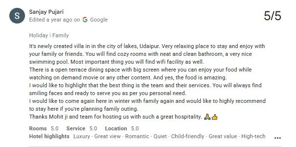 Pool Romantic Villa Guest Review Photo Titardi Udaipur — Maple Roots Villa Udaipur guest review photo